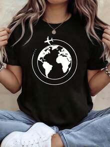 Women's Global Travel Theme T-Shirt | Earth & Plane Decor Short Sleeve Casual T-Shirt, Black And White, Minimalist, Artistic, For Travel Lovers, Everyday Wear, Spring/Summer Season - 黑色 - 查看 1