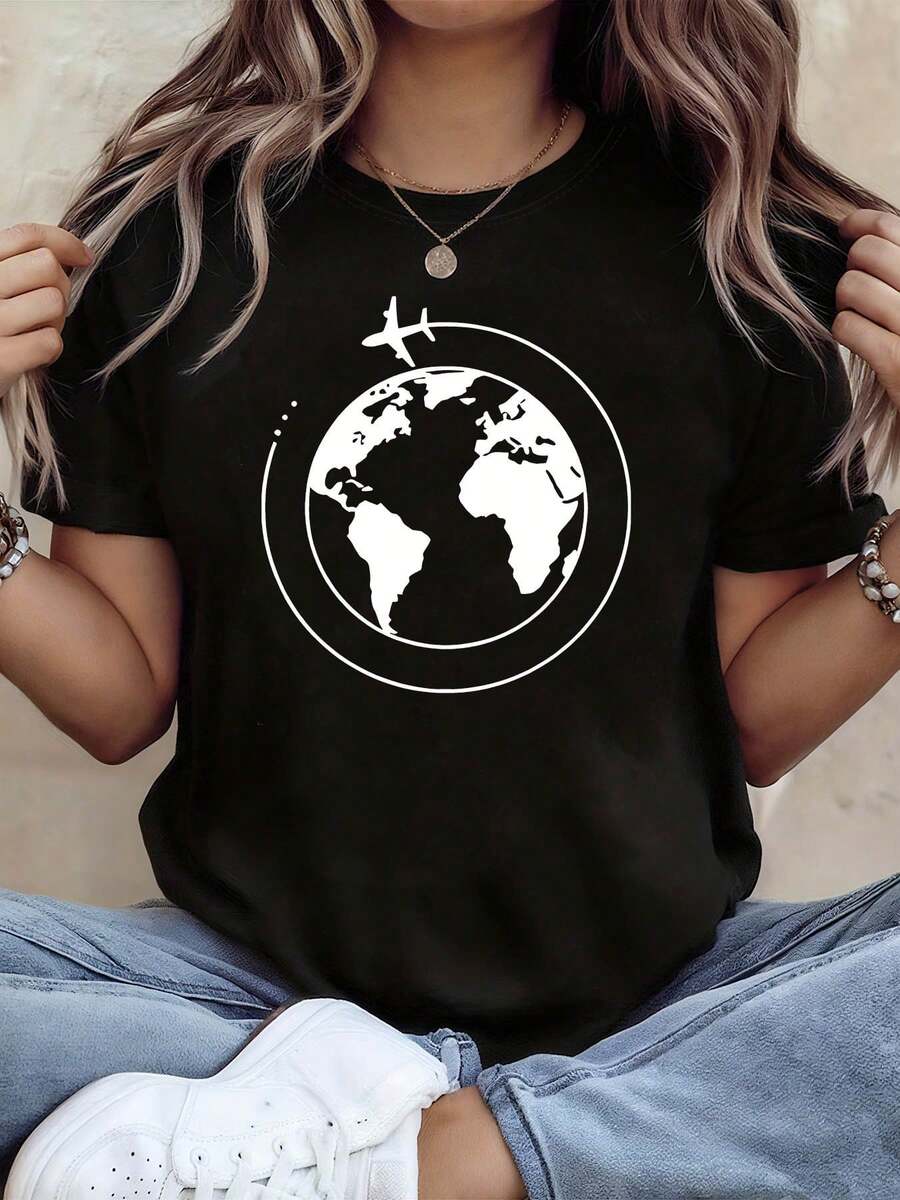 Women's Global Travel Theme T-Shirt | Earth & Plane Decor Short Sleeve Casual T-Shirt, Black And White, Minimalist, Artistic, For Travel Lovers, Everyday Wear, Spring/Summer Season - 黑色 - 查看 1