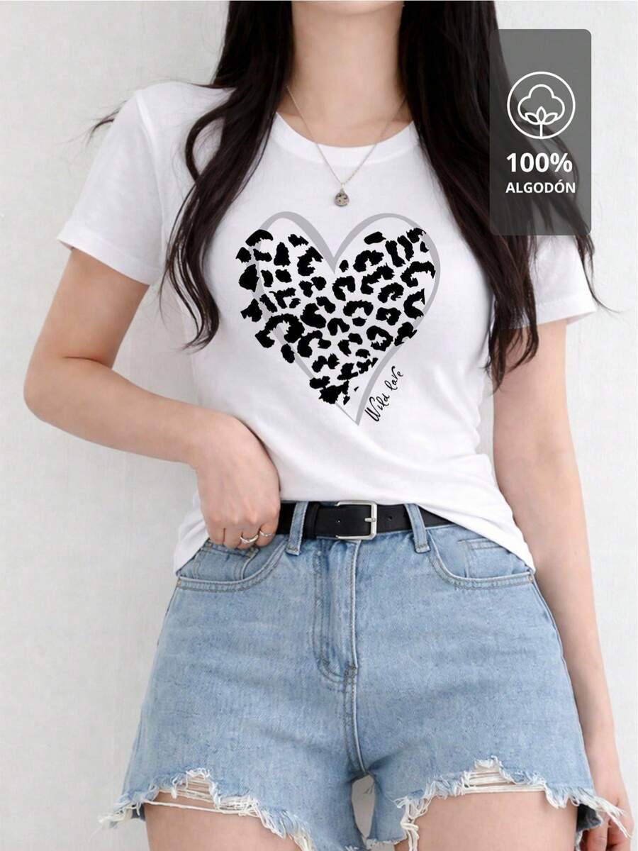 Playera Estampada de Mujer LEOPARD HEART CHIC - ROMANTIC WILD EDITION |   100% Algodón - [Blanco] - Ver 1