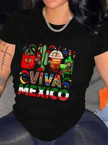 Camiseta de manga corta con estampado gráfico  para mujer, informal, cuello redondo, tejido de punto, largo regular, elástica. 100% algodón, estilo Y2K Bababask - Negro - Ver 1