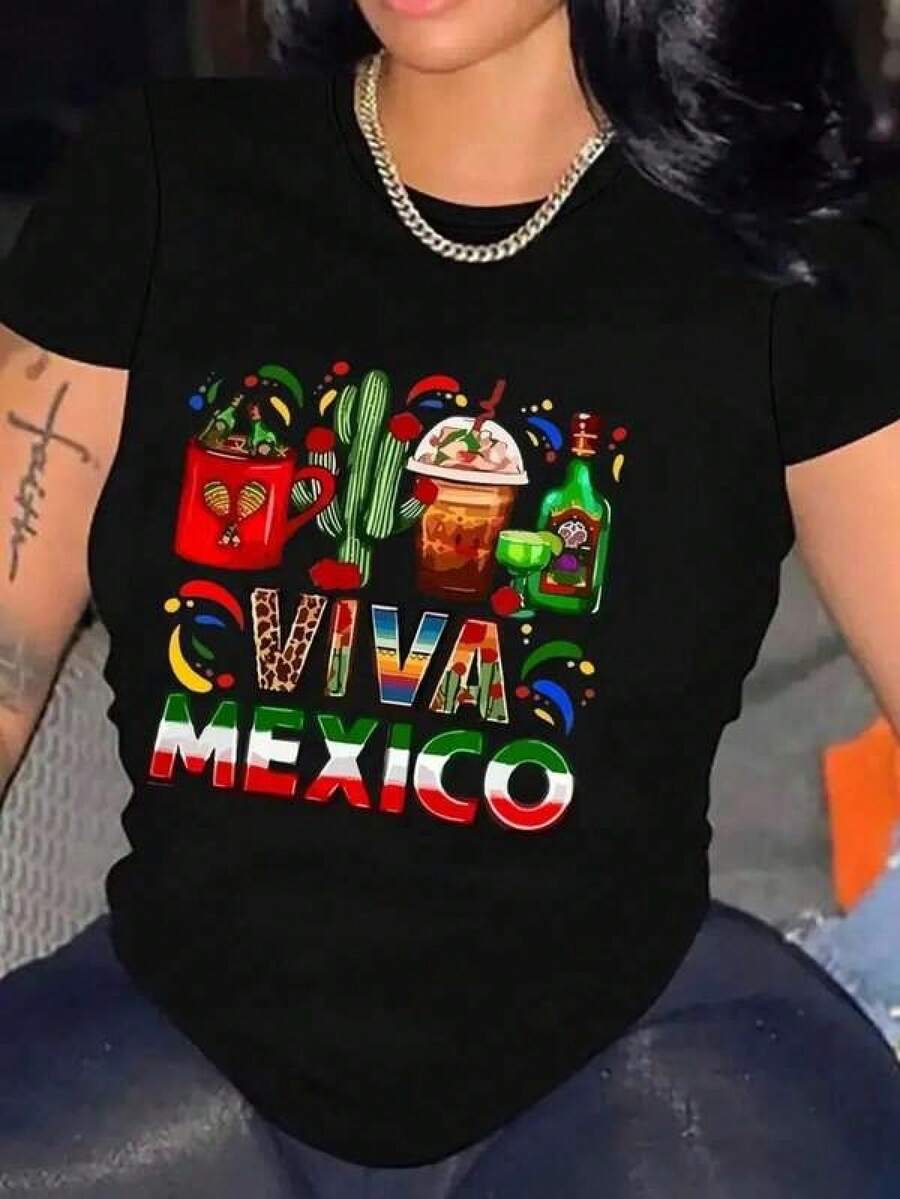 Camiseta de manga corta con estampado gráfico para mujer, informal, cuello redondo, tejido de punto, largo regular, elástica. 100% algodón, estilo Y2K Bababask - Negro - Ver 1