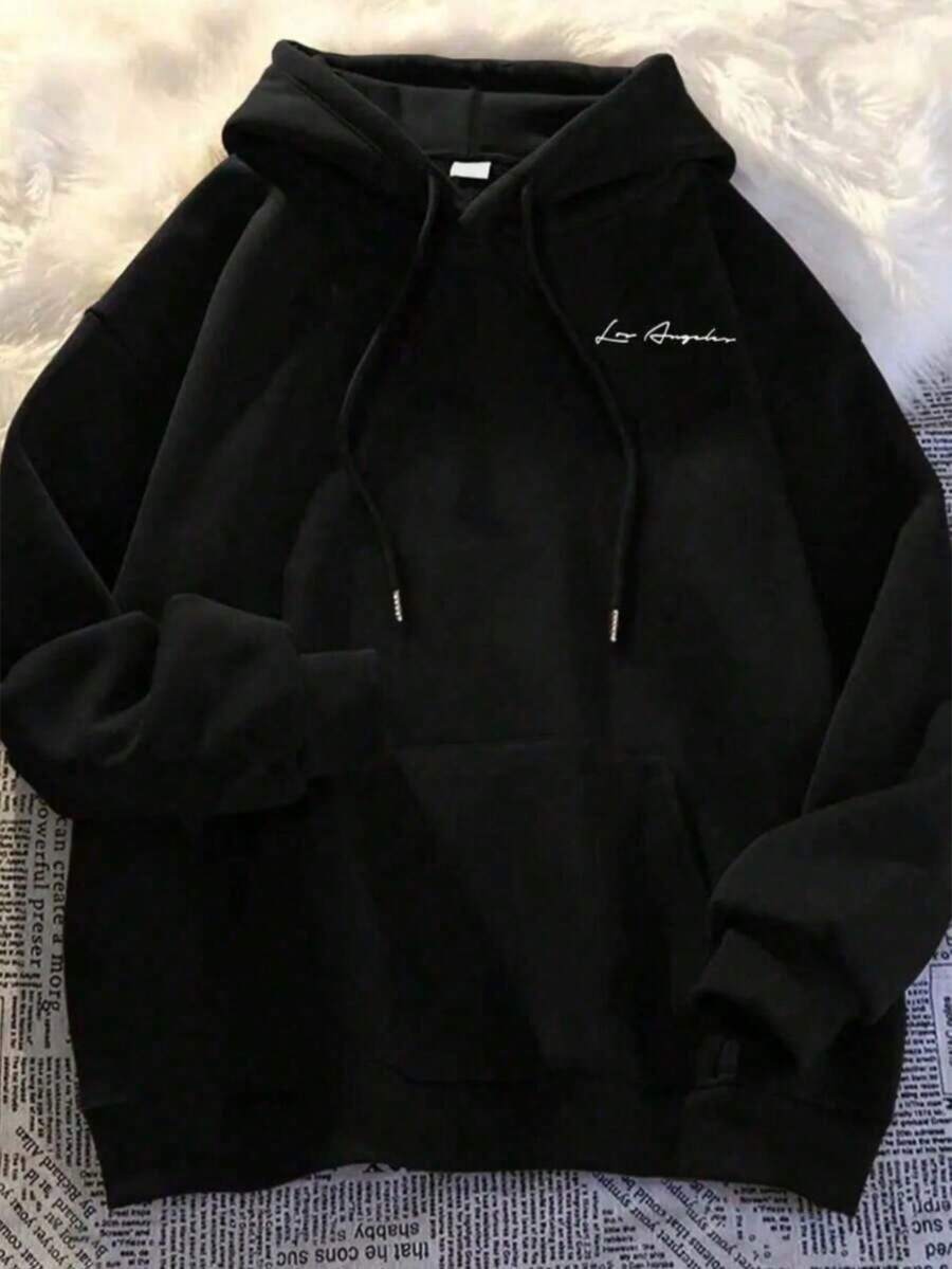 Men's Black Kangaroo Hoodie With Los Angeles Minimalist Print, Hooded Sweatshirt With Pocket, Warm And Stylish, Lowest Price - 黑色 - 查看 1