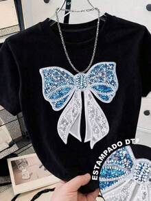 T-Shirt With A Bow Design Featuring Embroidered Details And Beads, But It's A Print, Casual, Modern, Round Neck, Short Sleeves, Ideal For Everyday Wear, Eye-Catching, Loose-Fitting, Fashionable, Perfect For You. - 黑色 - 查看 6