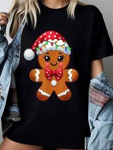 1 Piece 180g Unisex Loose Crewneck Short-Sleeve T-Shirt Playera con diseño de galleta jengibre, estampada, con elementos navideños, con colores de temporada, ideal para uso diario, llamativo, moderno, holgado, cuello redondo, manga corta, ideal para toda la familia - Negro - Ver 1
