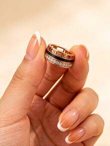 Set de 3 anillos de acero inoxidable con diamante de imitación, estilo europeo y americano de lujo, adecuado para uso diario y como regalo - Oro rosa - Ver 2