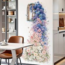 2pcs Blue Rose Flower Fake Window Background Wall Decor Stickers, Spring Green Plant Flower PVC Wall Decals, Spring Home Decor, Mixed Color, Self-Adhesive Wall Stickers - 68019-clear Blue Window - View 1