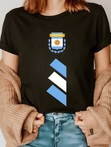 Symbol Of National Pride With The Emblem Of The Golden Argentine Sun Surrounded By Laurel And Light Blue Stripes That Evoke Hope, Unity And Positive Energy. Modern Casual Women's T-Shirt - 黑色 - 查看 1