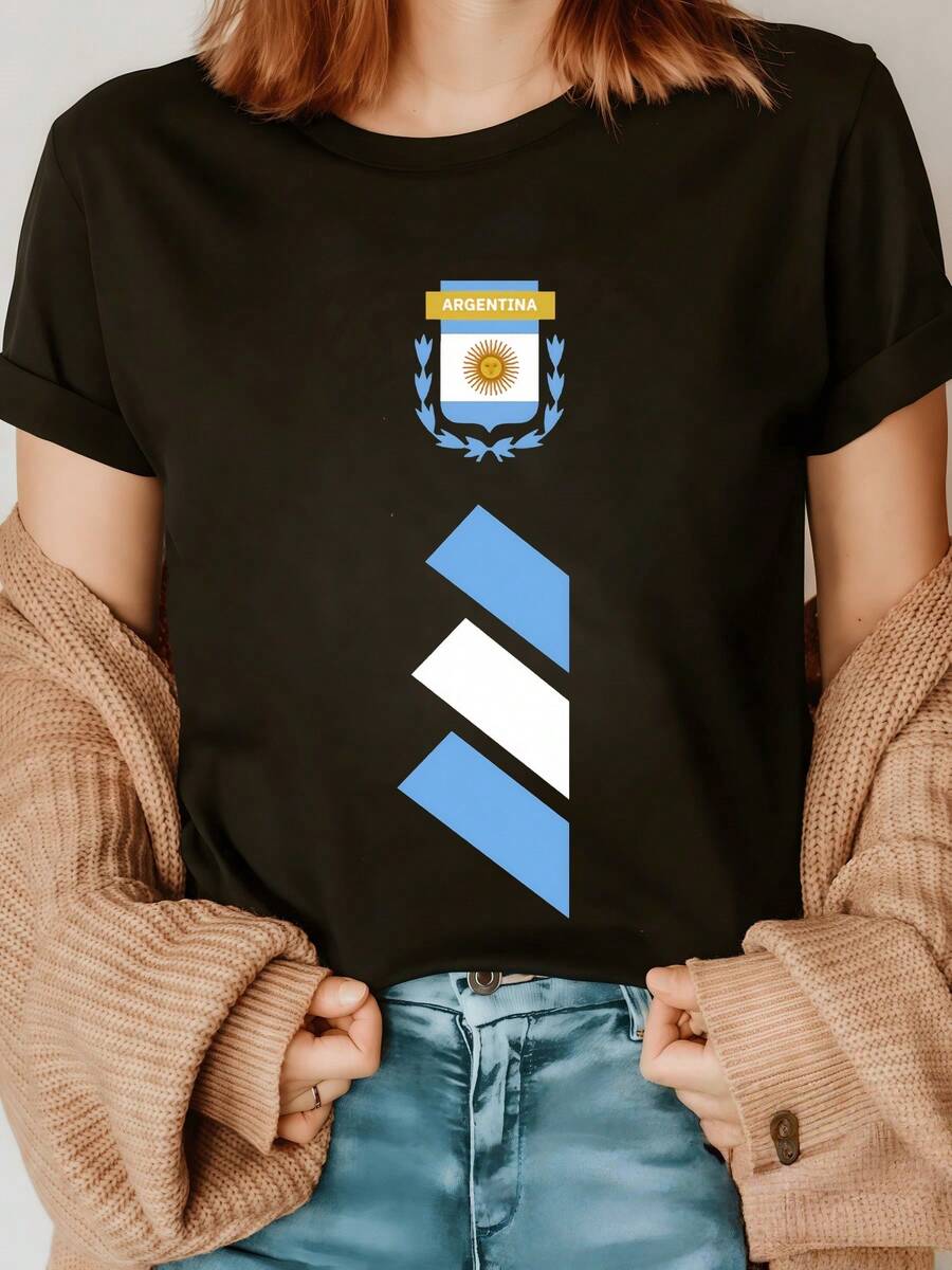 Symbol Of National Pride With The Emblem Of The Golden Argentine Sun Surrounded By Laurel And Light Blue Stripes That Evoke Hope, Unity And Positive Energy. Modern Casual Women's T-Shirt - 黑色 - 查看 1