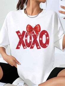 Camiseta Oversize con Estampado de Lazo Brillante Xoxo para Mujer, Top Casual de Moda con Diseño de Letras Brillantes, Camiseta Holgada para el Día de San Valentín y Fiestas - Blanco - Ver 1