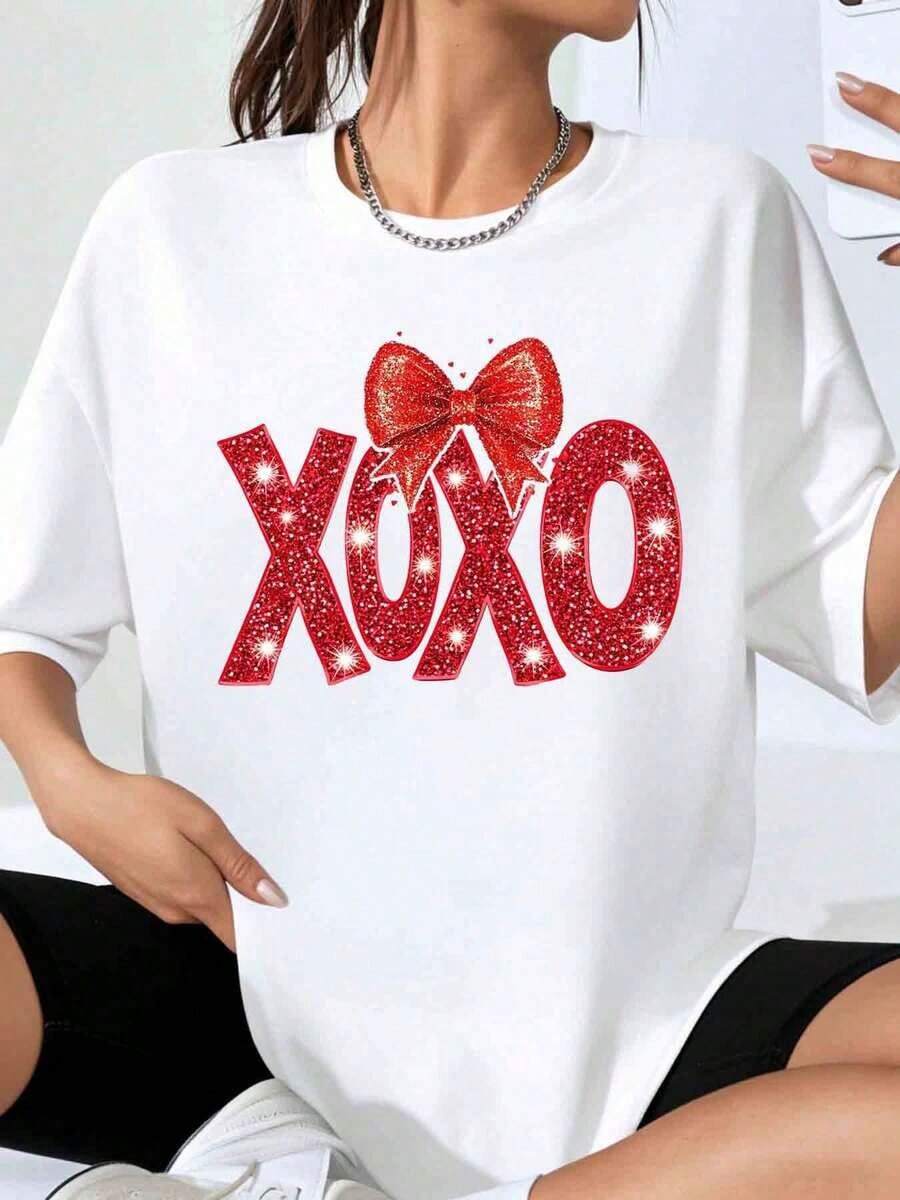 Camiseta Oversize con Estampado de Lazo Brillante Xoxo para Mujer, Top Casual de Moda con Diseño de Letras Brillantes, Camiseta Holgada para el Día de San Valentín y Fiestas - Blanco - Ver 1