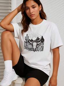 Camiseta de Mujer con Estampado de Calaveras y Cactus del Desierto - 180 g/m², Blanca, Manga Corta, Cuello Redondo, Casual y de Alta Calidad - Suave, Transpirable, Comodidad para Todas las Temporadas con Diseño de Desierto en Negro y Marrón - Ideal para Gimnasio, Fin de Semana, Ropa Casual - Camiseta de Estilo Occidentalblusas>bonito - Blanco - Ver 7