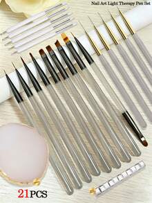 5/15/21pcs Professional Nail Art Tool Set And Eyeliner Brush Set, Fine Hair Brushes Suitable For Gel Manicure Painting, Including 5 Eyeliner Brushes (25mm, 24mm, 13mm, 10mm, 7mm), 9 Nail Brushes, 1 Resin Palette, 5 Double-Ended Acrylic Silicone Carving Pens, 1 Nail Brush Holder, Nail Art Tool Set, DIY Makeup Display Board, Suitable For Home Manicure Salon - Multicolor - View 3