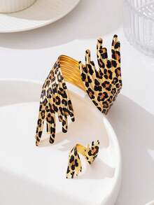 2pcs Asymmetrical Wide Bracelet & Ring Set, Unique Street Style Accessories For Women - Leopard - View 8
