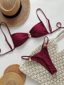Bikini de color sólido, bikini sexy con lazos, traje de baño de dos piezas fresco y sencillo para mujer. - Rojo oscuro - Ver 1