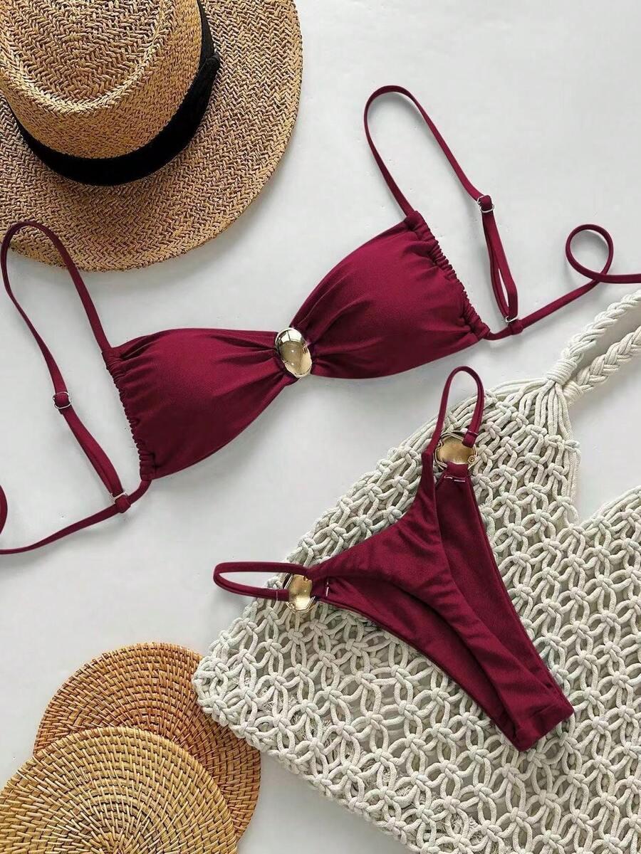 Bikini de color sólido, bikini sexy con lazos, traje de baño de dos piezas fresco y sencillo para mujer. - Rojo oscuro - Ver 1