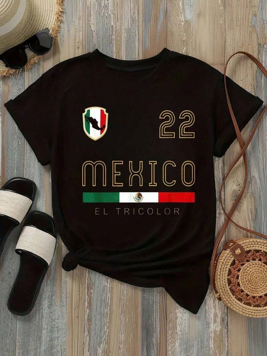 Camia de mujer del equipo nacional deéxico 22 con estampado de la bandera tricolor en opciones de color blanco y negro, camia gráfica casual de verano para mujeres, top deportivo de moda para fanáticos del fútbol, camias de verano, camias gráficas, atuendos de verano para mujeres, camias gráficas, tops cortos para mujeres, tops para mujeres, vintage de algodón, ropa linda, atuendo de Navidad para mujeres, vestidos elegantes de mujer Ideal para regalar. Camiseta de mujer. Elegante. Estilo bohemio. Prenda suave, transpirable y cómoda, perfecta para primavera, verano y otoño; ideal para vacaciones, viajes y uso diario. Perfecta para ver un partido. - Negro - Ver 1