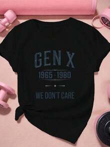 Camiseta de Talla Grande para Mujer Generación X, Estilo Retro Vintage de los Años 1965-1980 - Estampado Geométrico "No Nos Importa", Manga Corta, Casual Deportiva, en Negro, Blanco y Azul, Tejido Transpirable No Tejido, Cuello Redondo, Corte Holgado, Adecuada para Gimnasio y Uso Diario. - Negro - Ver 6