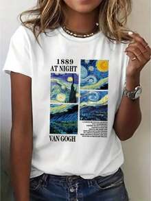 Loose Graphic T-Shirt Inspired By Van Gogh's The Starry Night 1889 For Women – Casual Crew Neck T-Shirt With Elasticity – Fashionable Blouse For All Seasons With Printed Art Design Basic Crew Neck Cotton T-Shirt For Women - 白色的 - 查看 1
