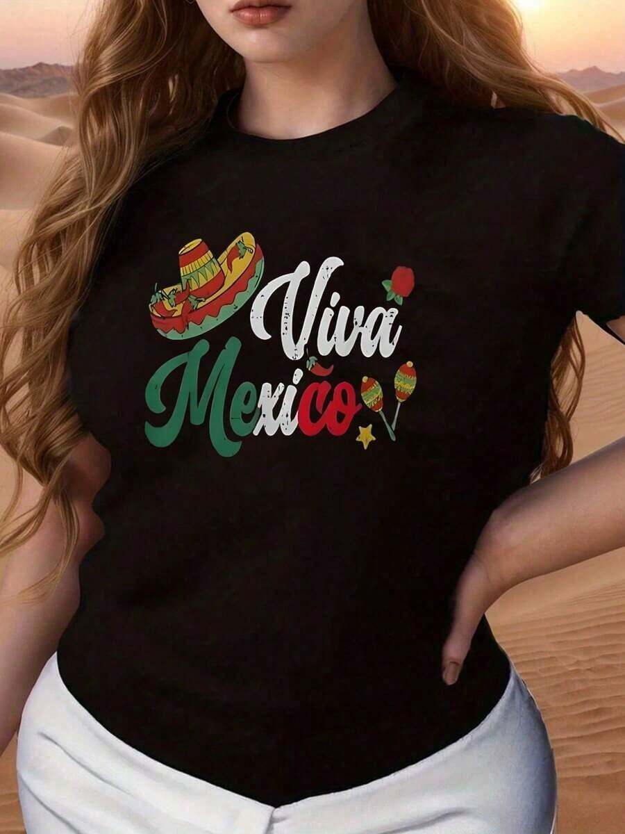 Viva Mexico Fiesta! Women's Graphic Print T-Shirt, Made Of Soft, Pure Cotton, Perfect For Cinco De Mayo Celebrations, Everyday Casual Wear, Or A Fun Gift For Her. Ideal For Celebrating Mexican Heritage In Comfort. - 黑色 - 查看 1