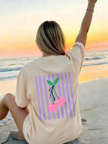 Women's Sets: Sexy Fitted Short-Sleeved T-Shirt With Round Neck And Cherry Purple Stripes, Casual Summer Top For Parties And Clubs, Women's T-Shirts. - 杏色 - 查看 1