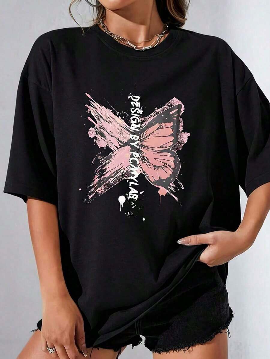 Women's SetsButterfly Letter Spraypainted Shortsleeved Women's 100% Polyester Plus Size T-Shirt Shirt Casual Funny Oversized Graphic Short Sleeve 1 Pcs Tee Novelty Crew Neck Topplayeras De Mujer - 黑色 - 查看 1