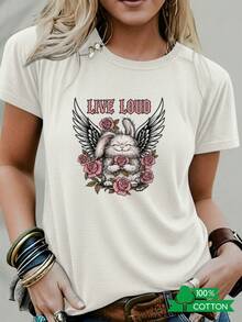 Women's & Men's Round Neck T-Shirt For Women And Men With Anime Letter Print, Simple Design, Comfortable And Breathable, Suitable For Casual And Versatile Daily Wear, Showcasing A Natural And Elegant Style, A Must-Have For Summer Parties. - 杏色 - 查看 8