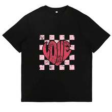 Heart And Check Print T-Shirt, Y2K Style,  Women's T-Shirts, Cute, Vintage, Casual, For Everyday Wear, Soft And Comfortable, Summer T-Shirts, Valentine's Day Gifts, Printed Tops - 黑色 - 查看 1