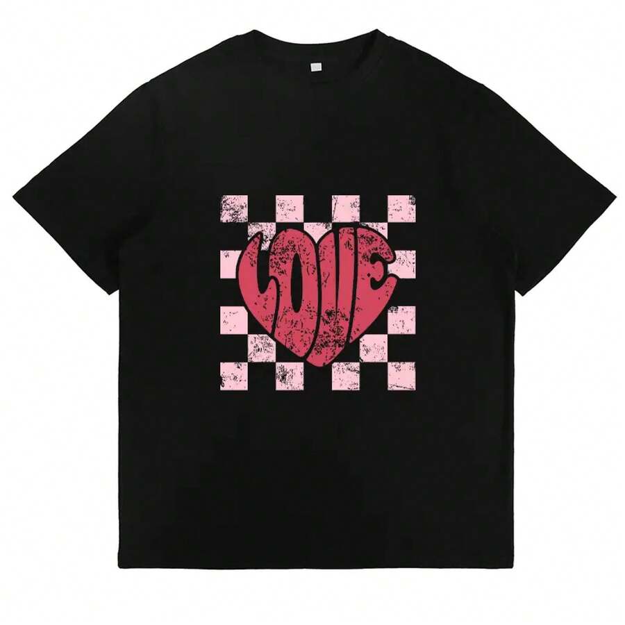 Heart And Check Print T-Shirt, Y2K Style, Women's T-Shirts, Cute, Vintage, Casual, For Everyday Wear, Soft And Comfortable, Summer T-Shirts, Valentine's Day Gifts, Printed Tops - 黑色 - 查看 1