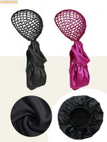 2-In-1 Crochet Hair Net & Satin Bonnet, Anti Frizz Sleep Cap For Curly Hair, Breathable Mesh Hair Wrap For Sleeping, Reusable Hair Protection Bonnet - Multicolor - View 1