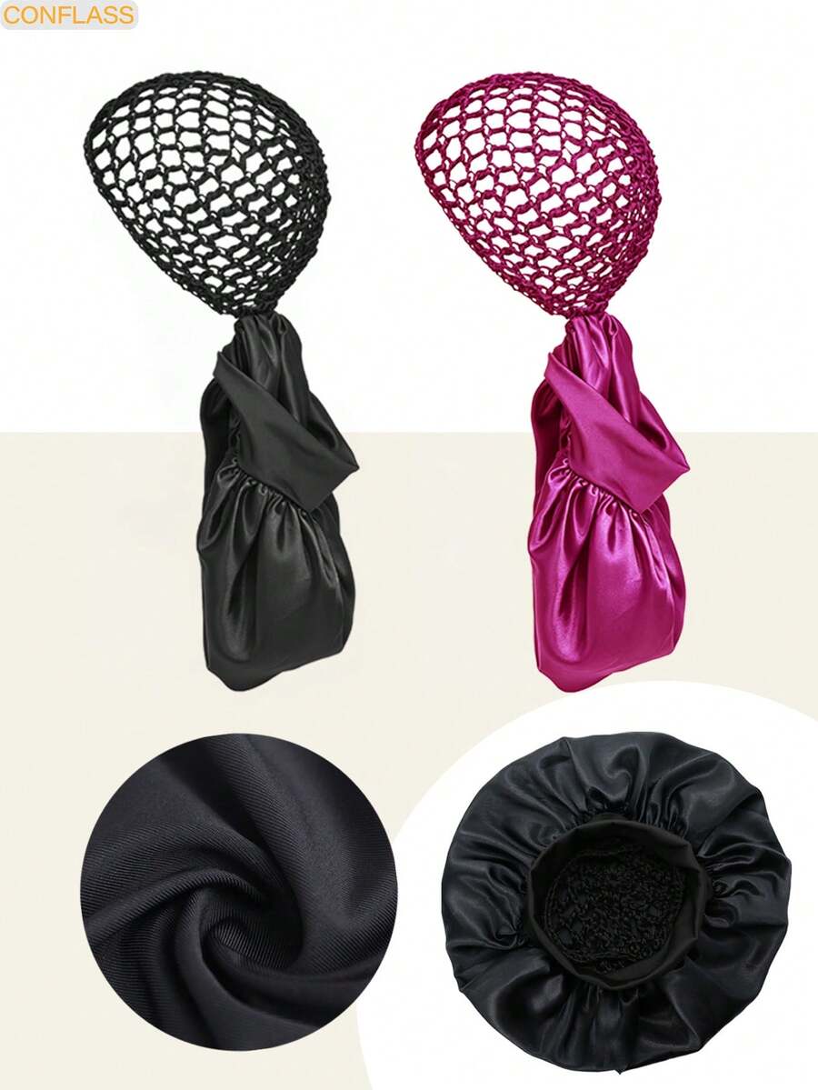2-In-1 Crochet Hair Net & Satin Bonnet, Anti Frizz Sleep Cap For Curly Hair, Breathable Mesh Hair Wrap For Sleeping, Reusable Hair Protection Bonnet - Multicolor - View 1