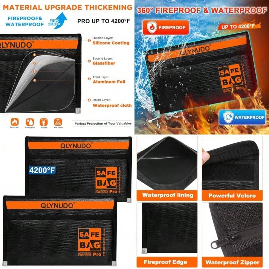 Bolsa de dinero pequeña a prueba de fuego para dinero en efectivo 9.5 x 5.8 pulgadas , juego de bolsas a prueba de fuego mejoradas de 5000 °F para objetos de valor, pasaporte, documentos y tarjetas (paquete de s), forro impermeable y cierre - 2 negros - Ver 1