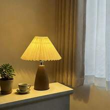 1PC Modern Creative Pleated Table Lamp, Walnut Wood Cone-Shaped Pleated Retro Bedside Lamp With Faux Wood Grain, INS Decorative Atmosphere Lamp, Dimmable, Button Control, Bedroom, Living Room, Office Table Lamp, USB Powered Bedside Lamp - Walnut Conical Table Lamp - Three-color Dimming - View 10