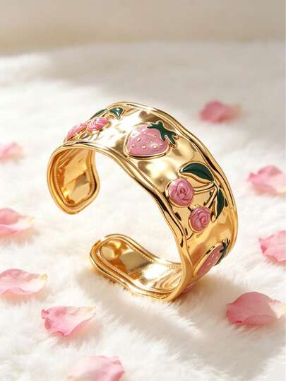 1pc Cute Stainless Steel Bangle Bracelet With 3D Strawberry/Cherry Design And Colorful Enamel Fruit Elements, Suitable For Women's Daily Commute Or Dating, Also As A Gift For Girlfriend