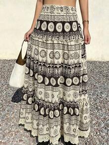 Falda holgada de línea A con estampado floral pequeño para vacaciones - Blanco - Ver 3