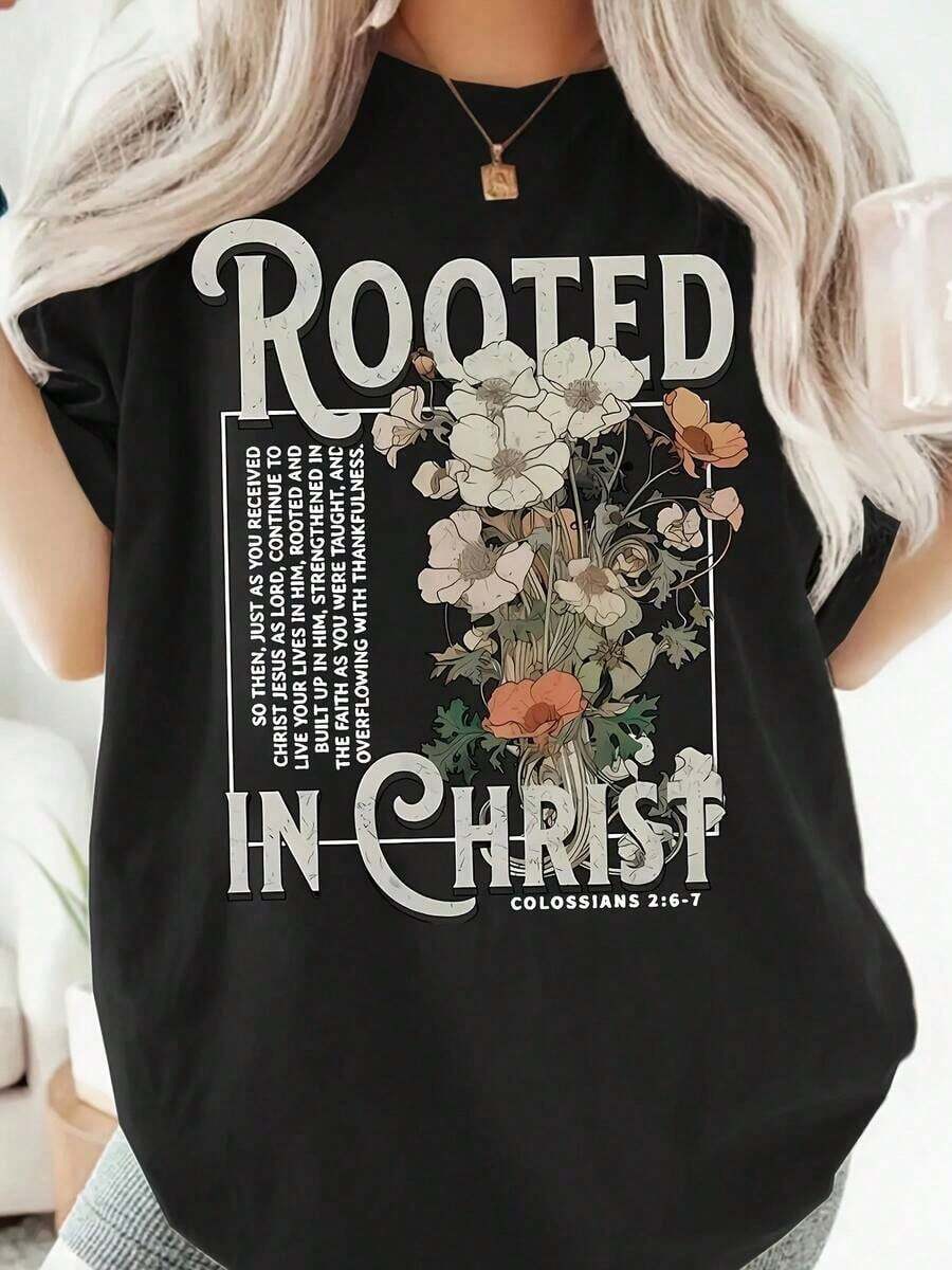 Cristiano Mujeres Camiseta 1 pieza Mujeres Informal Arraigado En Cristo" Floral Diseño Camiseta Con Biblia Verso Imprimir, 100% Algodón, De manga corta, Redondo Cuello, Regular Plus Tamaño, Adecuado Para Todos Estaciones del año, Tejido de punto Tela, 180 Grams, Adecuado Como A Regalo Para Día de Acción de Gracias Y Navidad 2026país Concierto Outfitcountry Concierto Conjunto-Vintage Calle Estilo Unisexo Suelto Algodón Corto Manga Tripulación Cuello Camiseta 100% algodón puro - Negro - Ver 1