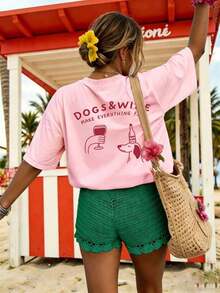 Camiseta de manga corta con cuello redondo, estampado de cachorro de dibujos animados y vino tinto.Nueva camiseta de mujer minimalista con diseño lindo, de ajuste holgado para uso casual y vacaciones.Prenda de vestir diaria y casual adecuada para días festivos como el Día de San Valentín, el regreso a clases, el Día del Maestro.Camiseta de manga corta holgada y cómoda, de alta calidad, para uso casual y versátil en verano. - Rosa - Ver 2