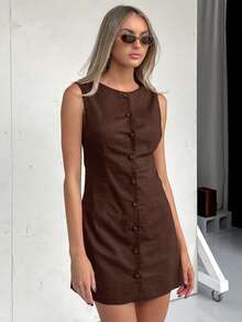 Vestido tipo tirante de algodón puro 2026, corte A ajustado, estilo elegante y sofisticado. - Café - Ver 4