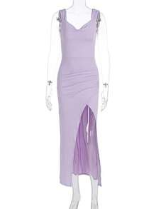 Elegant Sleeveless Dress With Open Back, Ties, Fitted And European Style Slit For Summer - Purple - View 6