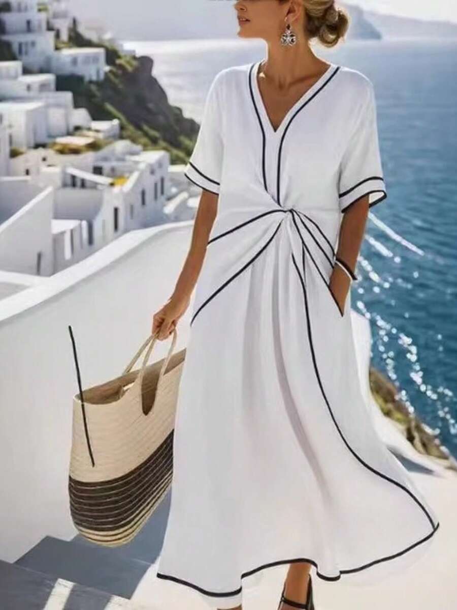 Apricot-Colored Women's Dress With Contrasting Black Details, V-Neck, Ruffled Waist, Side Pockets, Lightweight Fabric Ideal For Summer, Elegant Casual Style Perfect For Vacations, Beach And Travel, Resort Fashion - 白色 - 查看 1