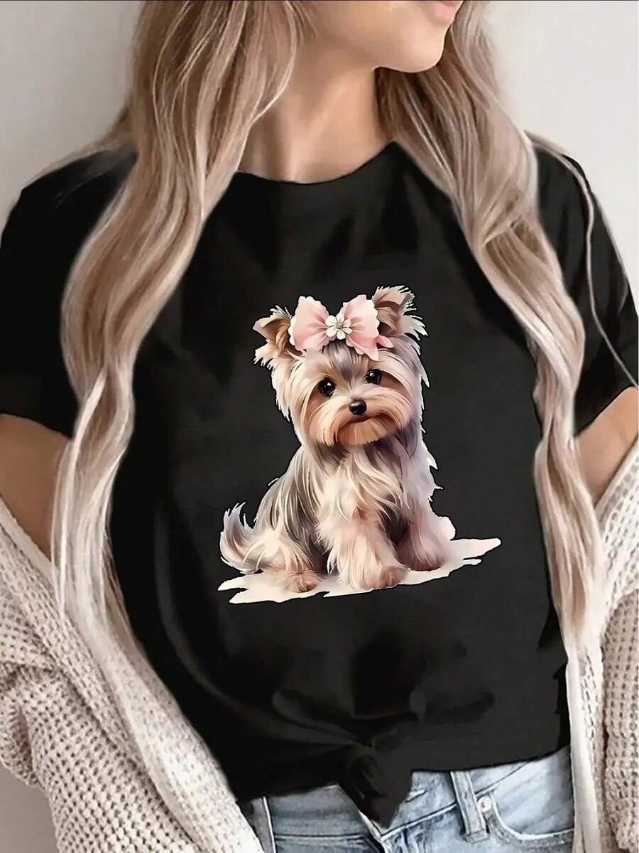 Camiseta de manga corta de poliéster, estampada con un lindo diseño de Yorkshire terrier, ligera y duradera, adecuada para uso casual en casa o al aire libre, cómoda y ajustada para el uso diario. - Negro - Ver 1
