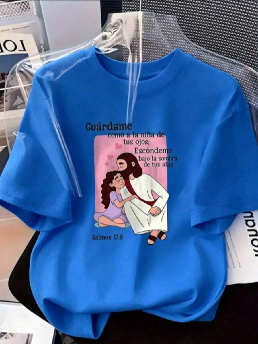 Camiseta de mujer de 1 pieza con estampado de Jesús abrazando, camiseta de manga corta para primavera/verano, el regalo perfecto para las fiestas, top casual cómodo y versátil con elementos de feCamiseta Algodón - Azul - Ver 1