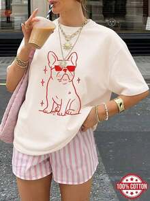 1 pieza de camiseta de mujer, estilo casual holgado para primavera/verano, estilo artístico con líneas rojas, estampado de bulldog francés, manga corta, cuello redondo, 100% algodón, camiseta de moda de gran tamaño con hombros caídos [Chu K], camisetas gráficas, camisetas vintage, 180g 100% algodón (tallas S-3XL) 180g Algodón 100%. - Negro - Ver 6