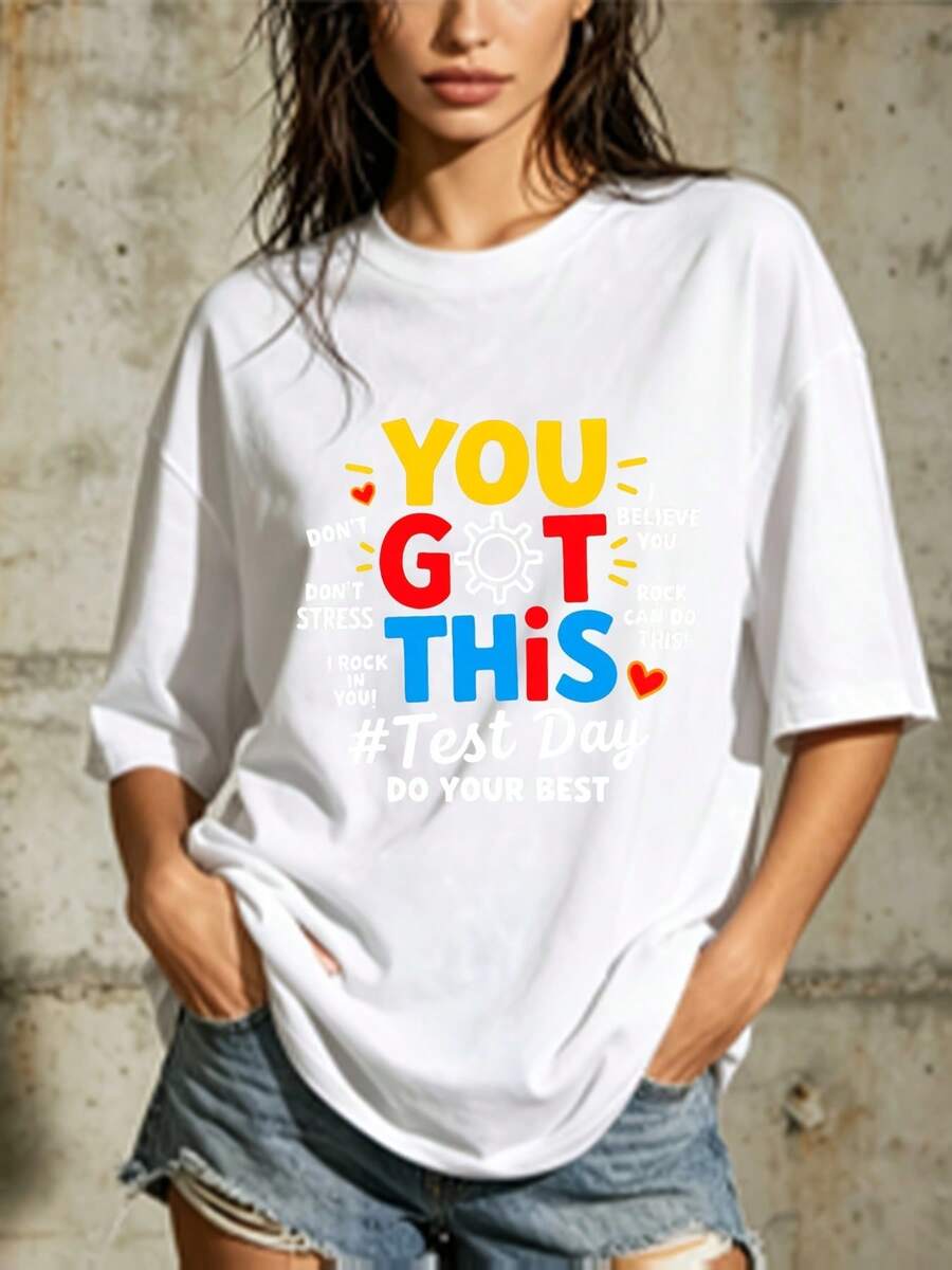 Camiseta Motivacional de Manga Corta para el Día del Examen 180G - Diseño "Puedes Hacerlo", Regalo para la Temporada de Graduación, Estímulo Familiar y Formación de Equipos en la Oficina, Camiseta con Diseño Moderno, Unisex - Blanco - Ver 1