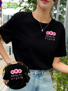 Camiseta deportiva casual para mujer con doble estampado delante y detrás, camiseta rosa con estampado de cinta floral moderna y fácil de usar para actividades diarias de ocio y para ir al trabajo, material puro, tejido cómodo, adecuada para todas las estaciones - Negro - Ver 1