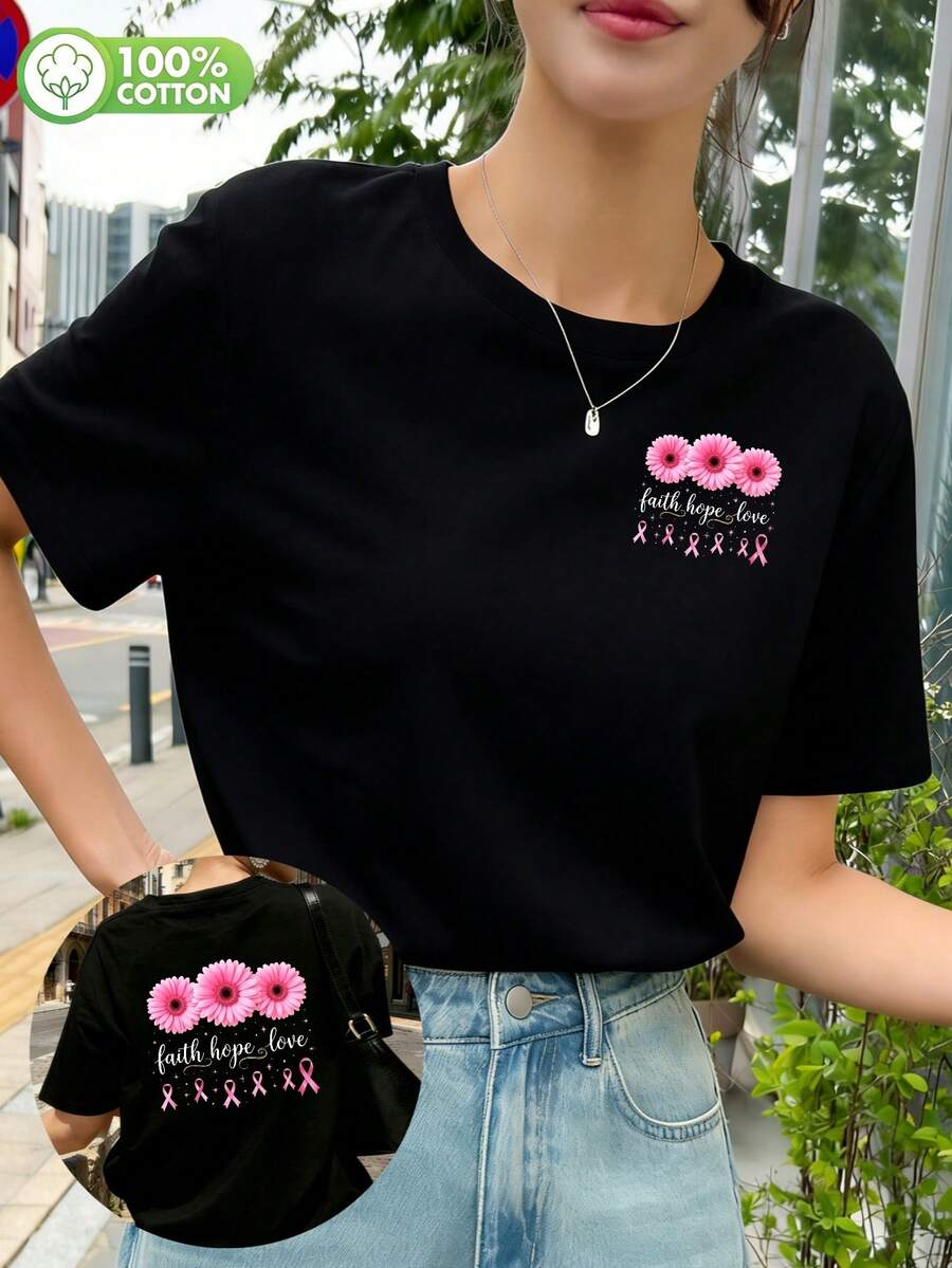 Camiseta deportiva casual para mujer con doble estampado delante y detrás, camiseta rosa con estampado de cinta floral moderna y fácil de usar para actividades diarias de ocio y para ir al trabajo, material puro, tejido cómodo, adecuada para todas las estaciones - Negro - Ver 1