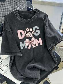 Camiseta de estampado retro con lavado vintage para mujeres - algodón de 230 g, cuello redondo con estilo urbano retro, se puede lavar a máquina, ideal para el otoño y el verano, y con un diseño holgado y personalizado para mujeres. - Negro - Ver 6