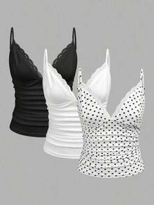Set de 3 camisetas de mujer con lunares blancos y negros y encaje - Multicolor 3 - Ver 12