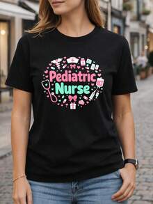 Camiseta de manga corta de mezcla triple para enfermera pediátrica, regalo de San Valentín para enfermera pediátrica, linda camiseta con estampado de corazón de enfermera. Camiseta unisex de algodón puro de 220 g, peso ideal para todas las estaciones, adecuada tanto para hombres como para mujeres. Tejido duradero de alta calidad, suave al tacto y de larga duración. Top transpirable, adecuado para el uso de otoño y vacaciones de las mujeres. - Negro - Ver 1