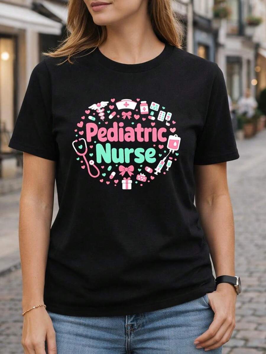 Camiseta de manga corta de mezcla triple para enfermera pediátrica, regalo de San Valentín para enfermera pediátrica, linda camiseta con estampado de corazón de enfermera. Camiseta unisex de algodón puro de 220 g, peso ideal para todas las estaciones, adecuada tanto para hombres como para mujeres. Tejido duradero de alta calidad, suave al tacto y de larga duración. Top transpirable, adecuado para el uso de otoño y vacaciones de las mujeres. - Negro - Ver 1