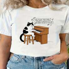 1 pieza clásica y versátil, camiseta corta de algodón puro con estampado de gato y piano para mujeres, ideal para usar en todas las estaciones. Estilo moderno - Blanco - Ver 2